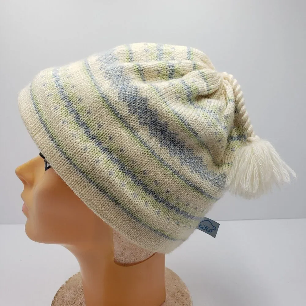 Turtle Fur Beanie Hat Womens Ivory Fair Isle Fleece Lined Wool Blend Tassel Cap